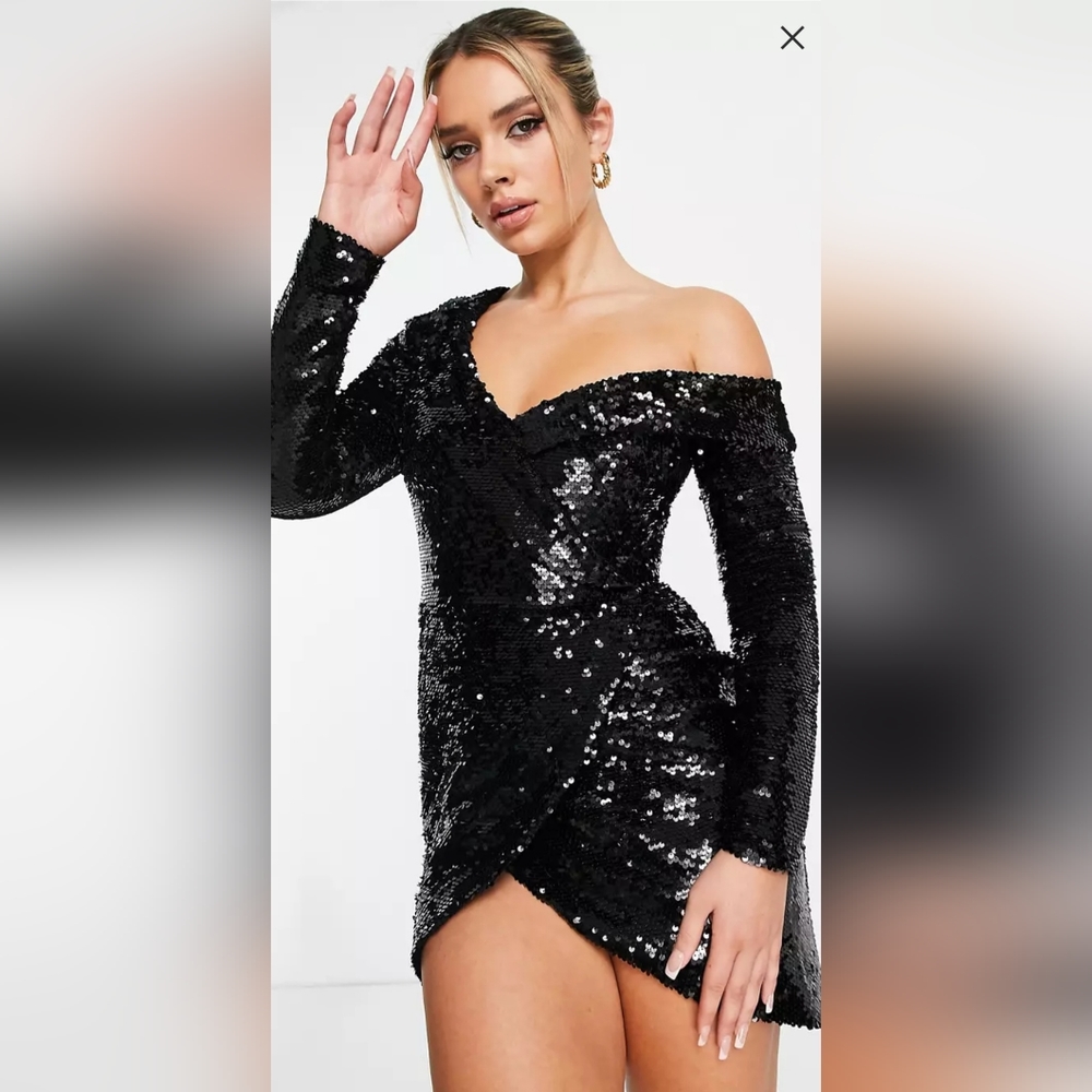 Lavish Alice velvet sequin asymmetric mini dress in black